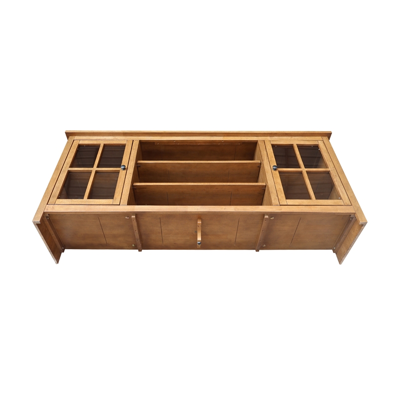 Solid Wood TV Stand Console with Glass Doors and Open Shelves