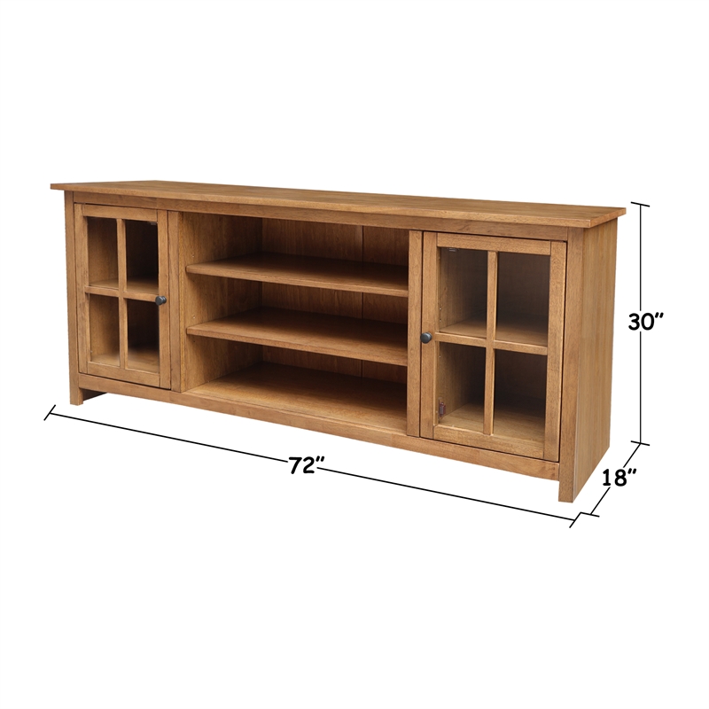 Solid Wood TV Stand Console with Glass Doors and Open Shelves