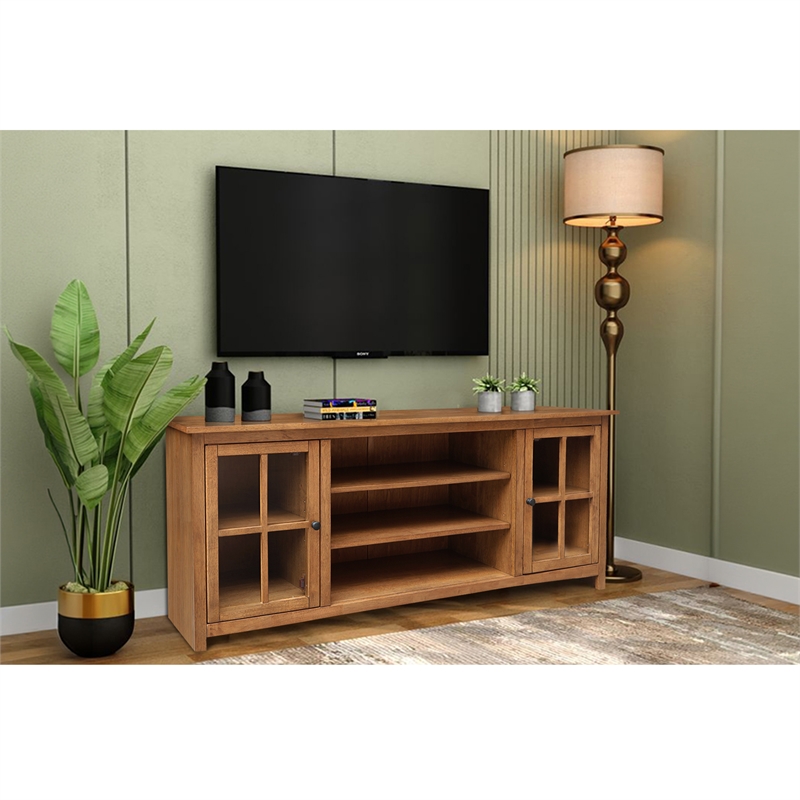 Solid Wood TV Stand Console with Glass Doors and Open Shelves