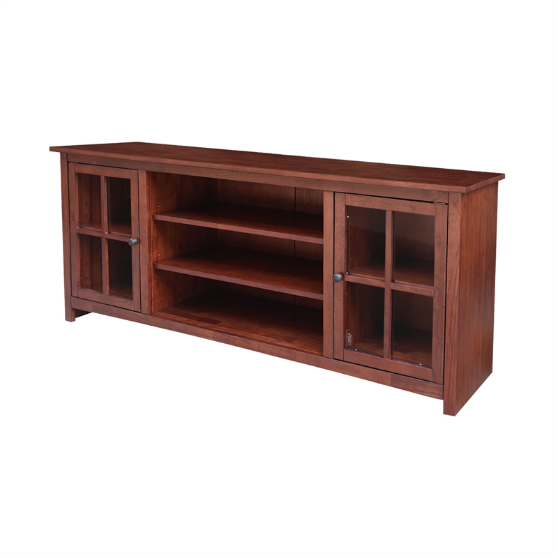 Solid Wood TV Stand Console with Glass Doors and Open Shelves