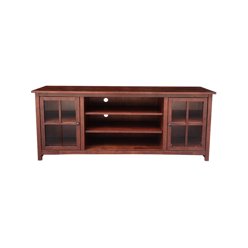 Solid Wood TV Stand Console with Glass Doors and Open Shelves