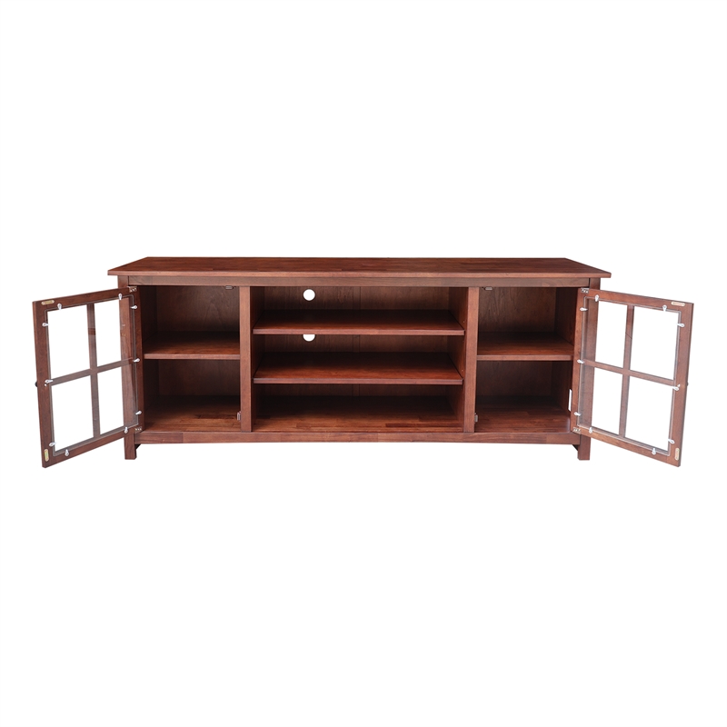 Solid Wood TV Stand Console with Glass Doors and Open Shelves