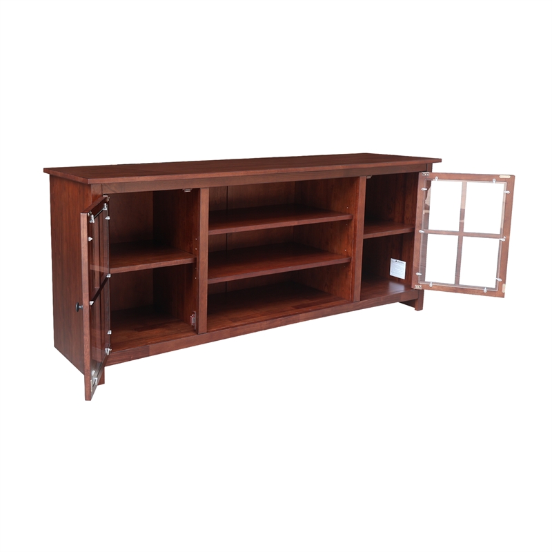 Solid Wood TV Stand Console with Glass Doors and Open Shelves