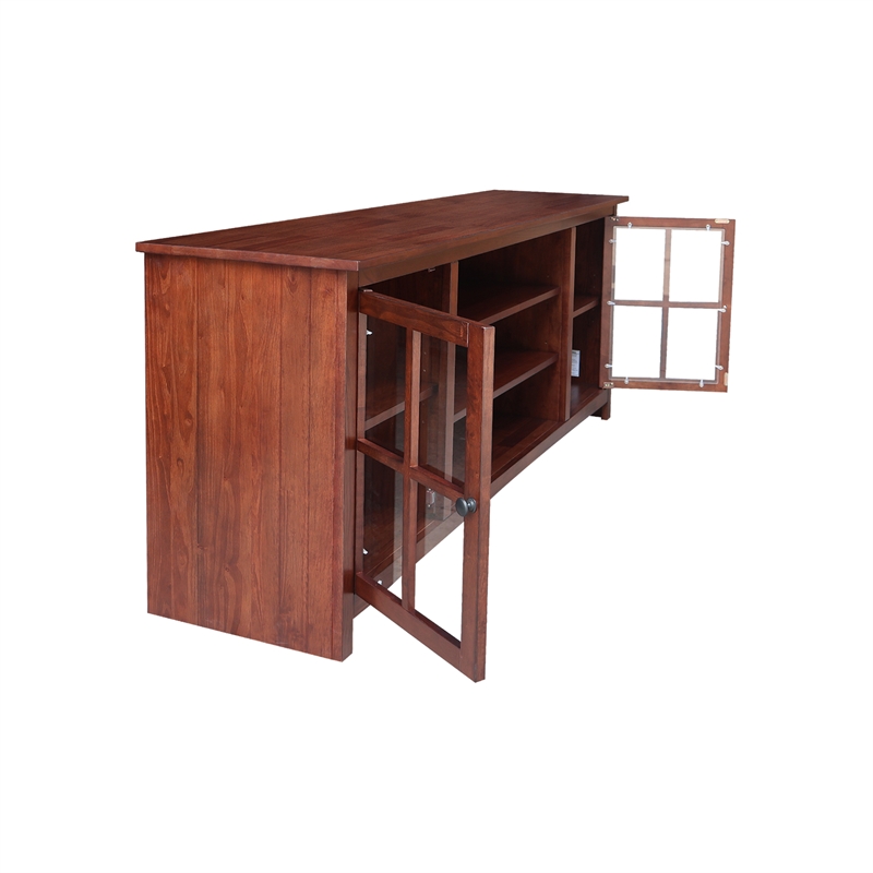 Solid Wood TV Stand Console with Glass Doors and Open Shelves