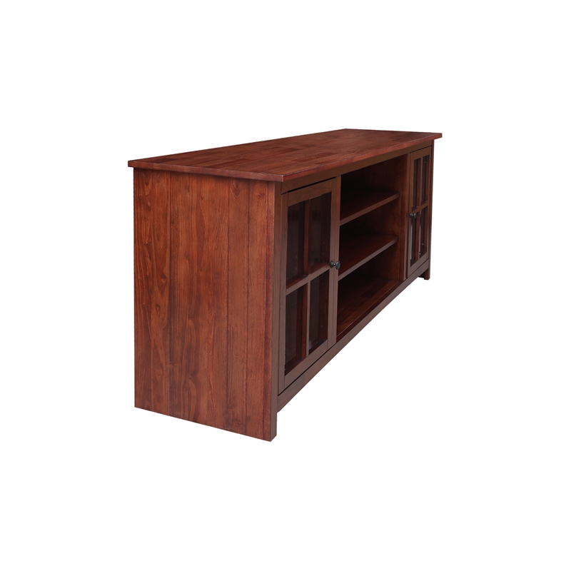 Solid Wood TV Stand Console with Glass Doors and Open Shelves