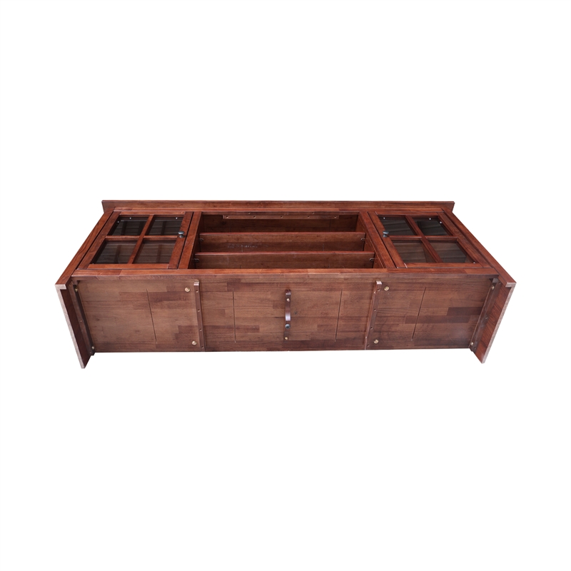 Solid Wood TV Stand Console with Glass Doors and Open Shelves