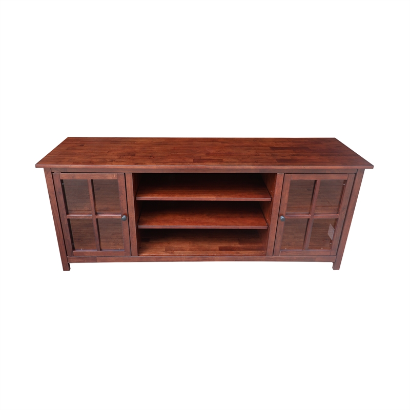 Solid Wood TV Stand Console with Glass Doors and Open Shelves