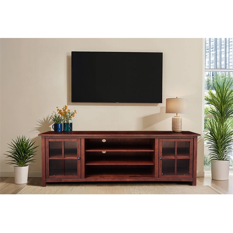 Solid Wood TV Stand Console with Glass Doors and Open Shelves