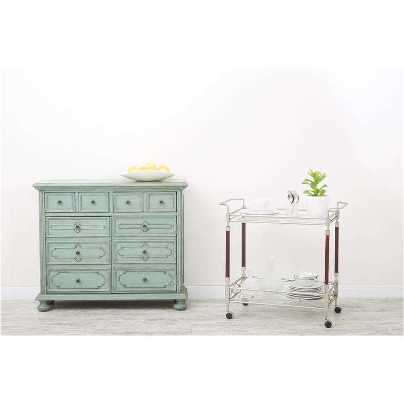 Melrose Serving Cart with Clear Tempered Glass and Nickel Brush Metal Frame