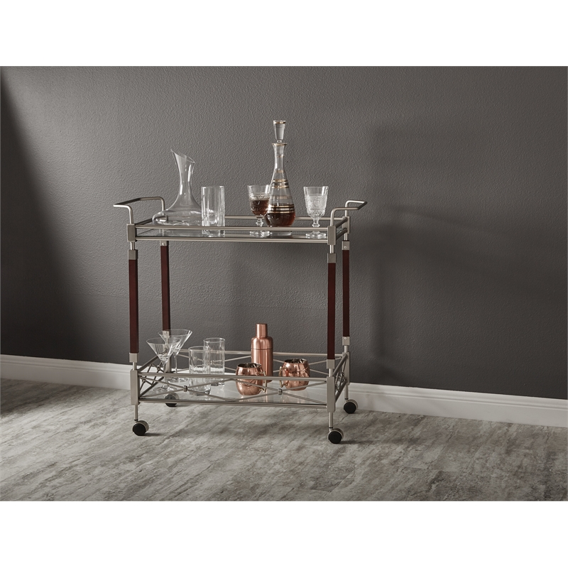 Melrose Serving Cart with Clear Tempered Glass and Nickel Brush Metal Frame