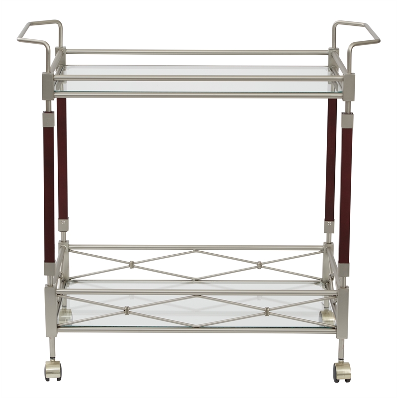 Melrose Serving Cart with Clear Tempered Glass and Nickel Brush Metal Frame