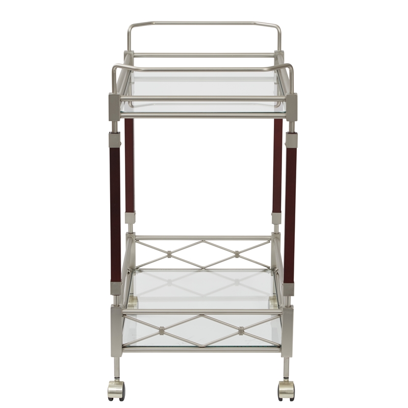 Melrose Serving Cart with Clear Tempered Glass and Nickel Brush Metal Frame