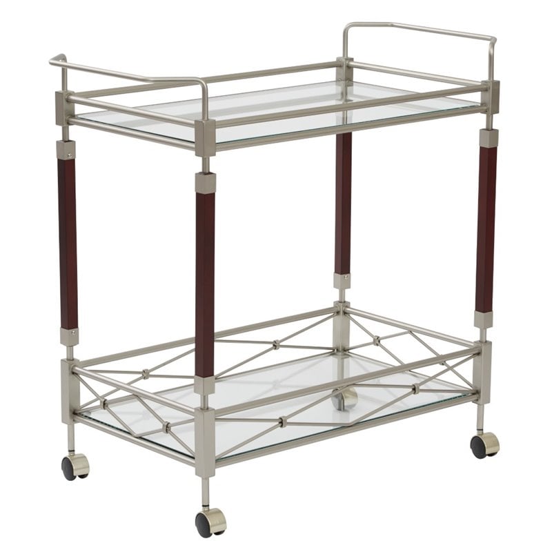 Melrose Serving Cart with Clear Tempered Glass and Nickel Brush Metal Frame