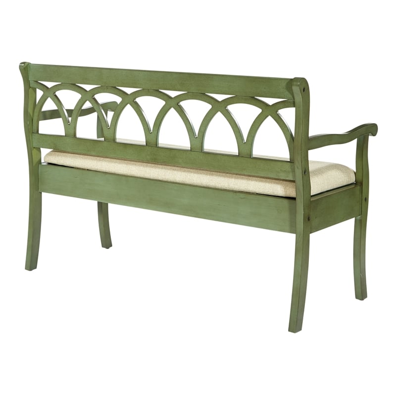 Coventry Storage Bench in Antique Sage Green Frame and Beige Fabric Seat Cushion