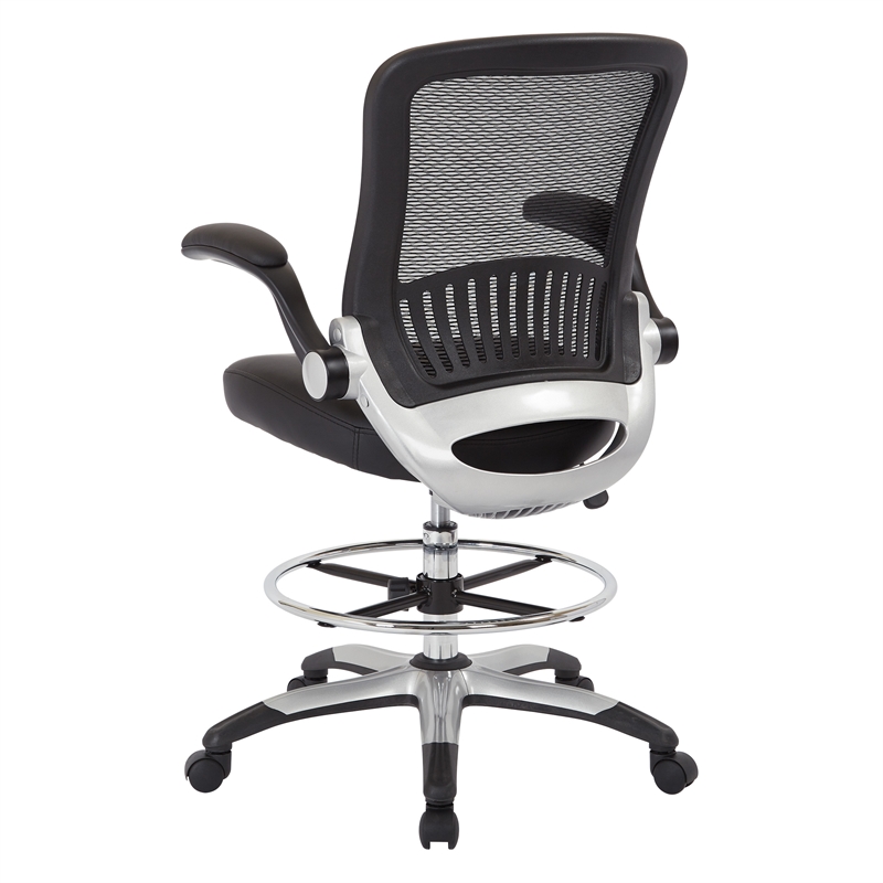 Mesh Black Back Fabric Drafting Chair Faux Leather Seat Adjustable Foot Ring