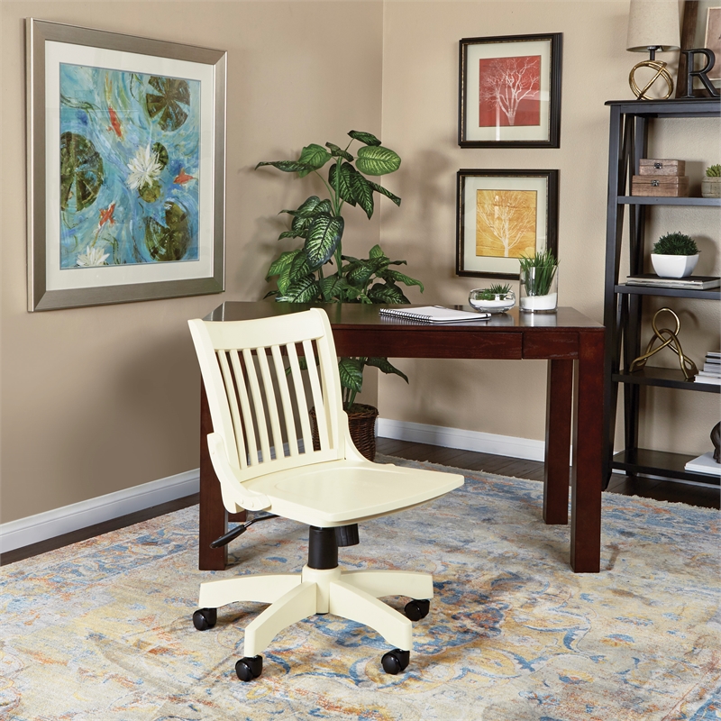 Deluxe Armless Wood Bankers Chair with Wood Seat in Antique White Finish