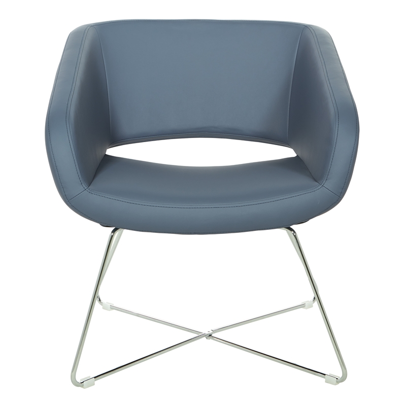 Lounge Chair in Blue Faux Leather with Chrome Base