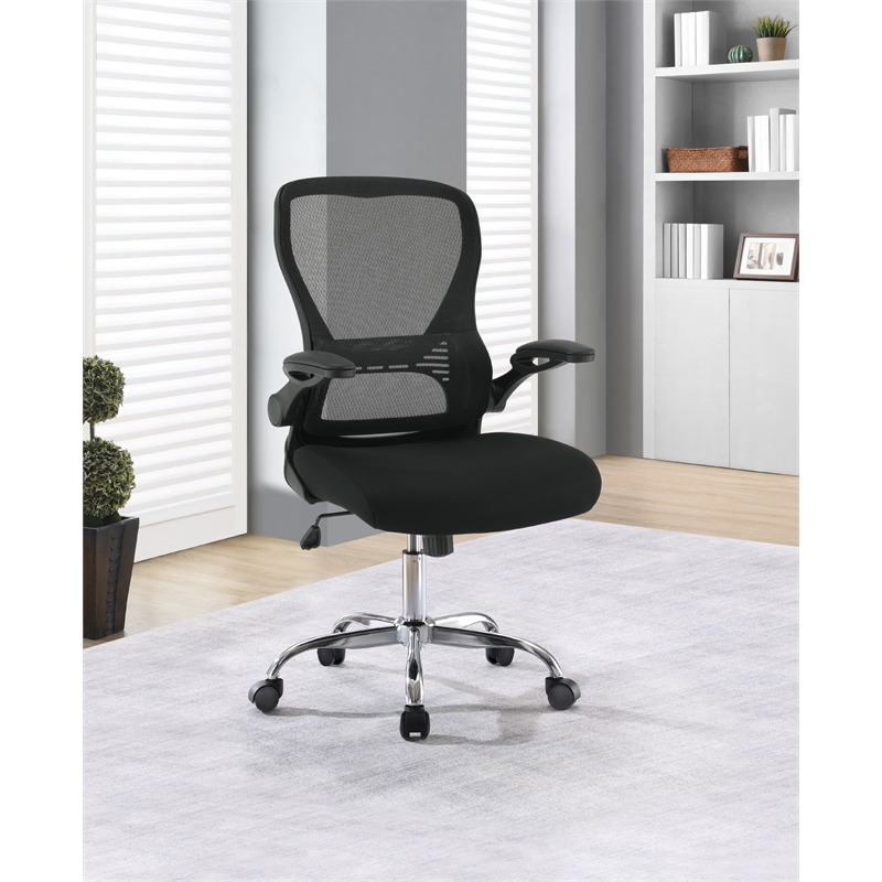 Black Mesh Back with Black Fabric Seat on Black Frame and Chrome Base
