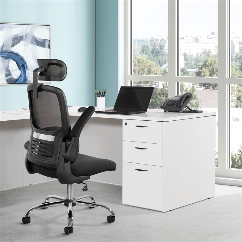 Black Mesh Back in Black Fabric Seat with Flip Arms and 2D Headrest