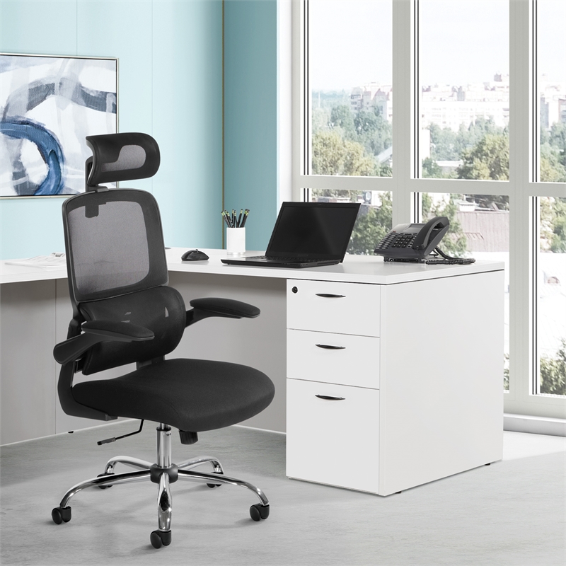 Black Mesh Back in Black Fabric Seat with Flip Arms and 2D Headrest