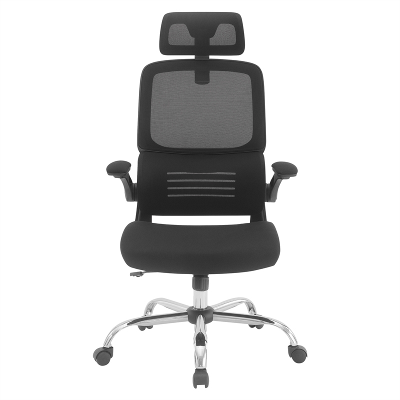Black Mesh Back in Black Fabric Seat with Flip Arms and 2D Headrest