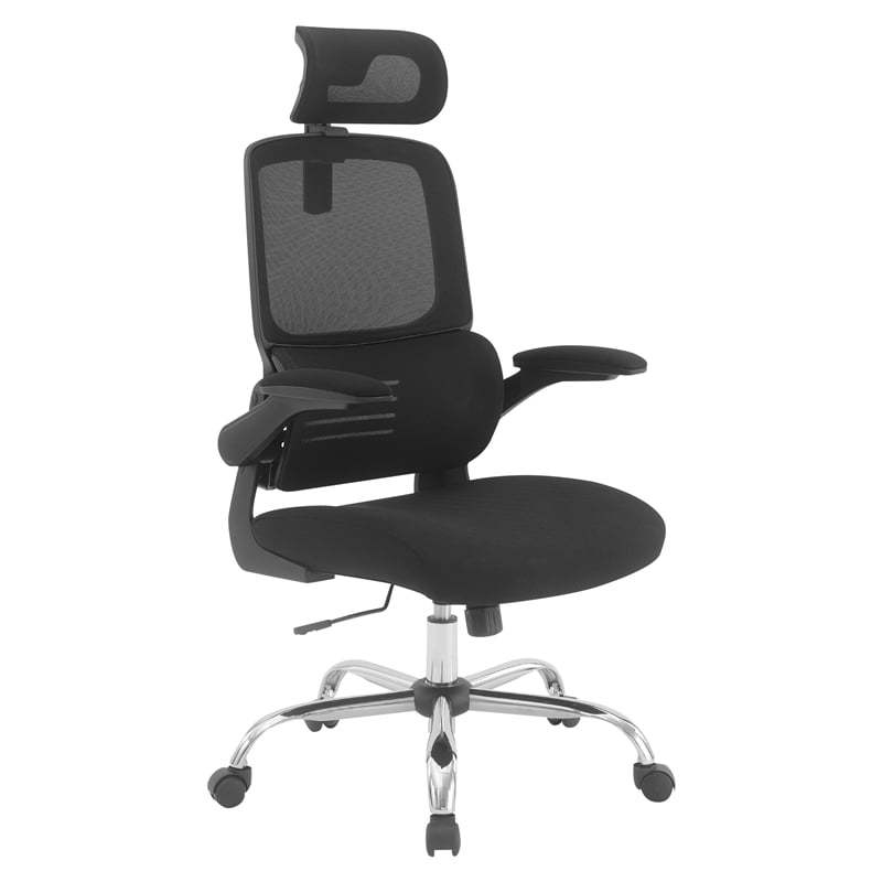 Black Mesh Back in Black Fabric Seat with Flip Arms and 2D Headrest