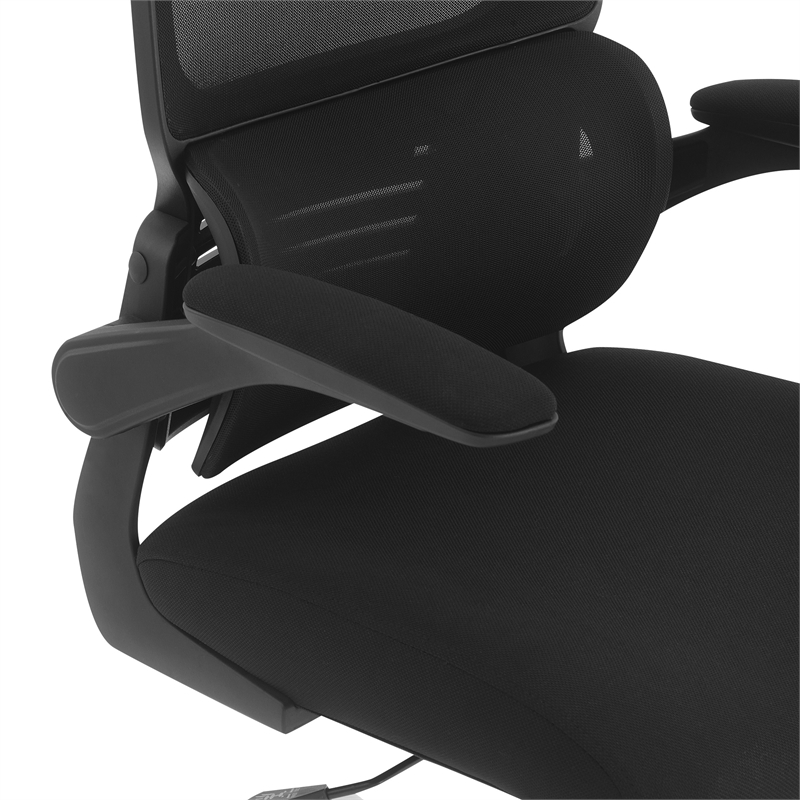 Black Mesh Back in Black Fabric Seat with Flip Arms and 2D Headrest