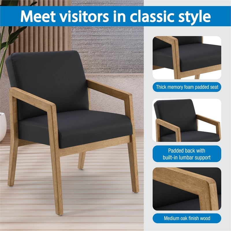 Back Faux Leather in Black with Medium Oak Finish Visitors Chair