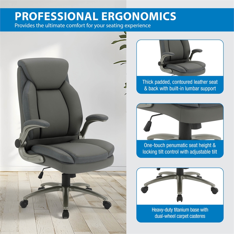Grey Leather Big & Tall Chair with Padded Flip Arms and Titanium Base in Gray