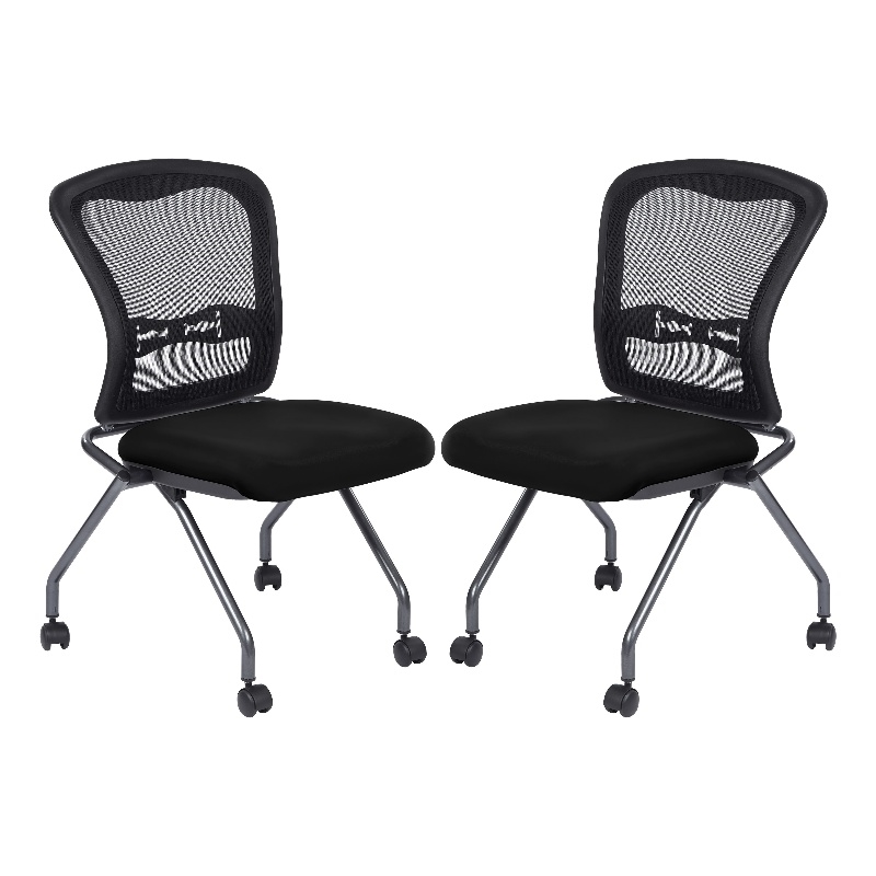 Set of 2 Deluxe Armless Folding Chair with ProGrid Black in Coal Black Fabric