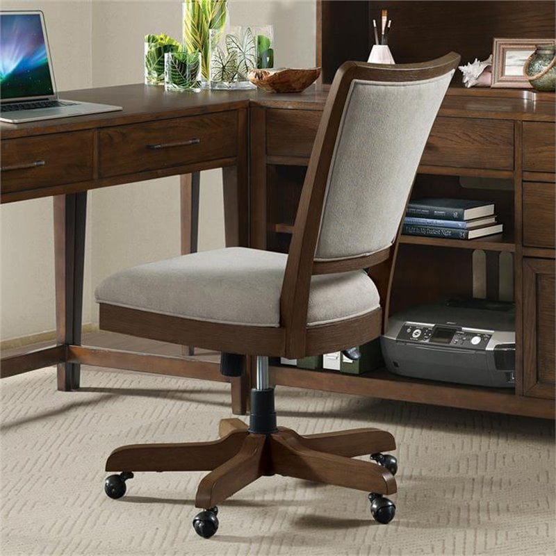 Riverside Furniture Vogue Upholstered Wood Desk Chair in Plymouth Brown Oak