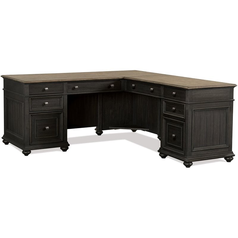 Riverside Furniture Regency L-Shaped Wood Computer Desk in Antique Oak and Black