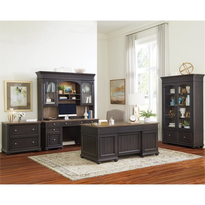 Riverside Furniture Regency Wood Credenza Desk in Antique Oak and Matte Black