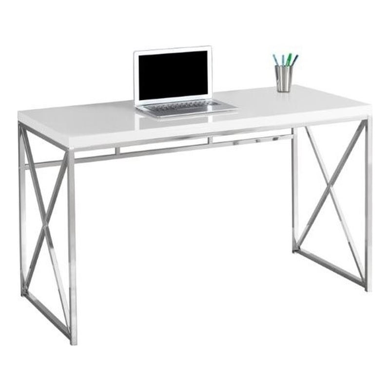 Computer Desk Home Office Laptop Work Metal Laminate Glossy White Chrome