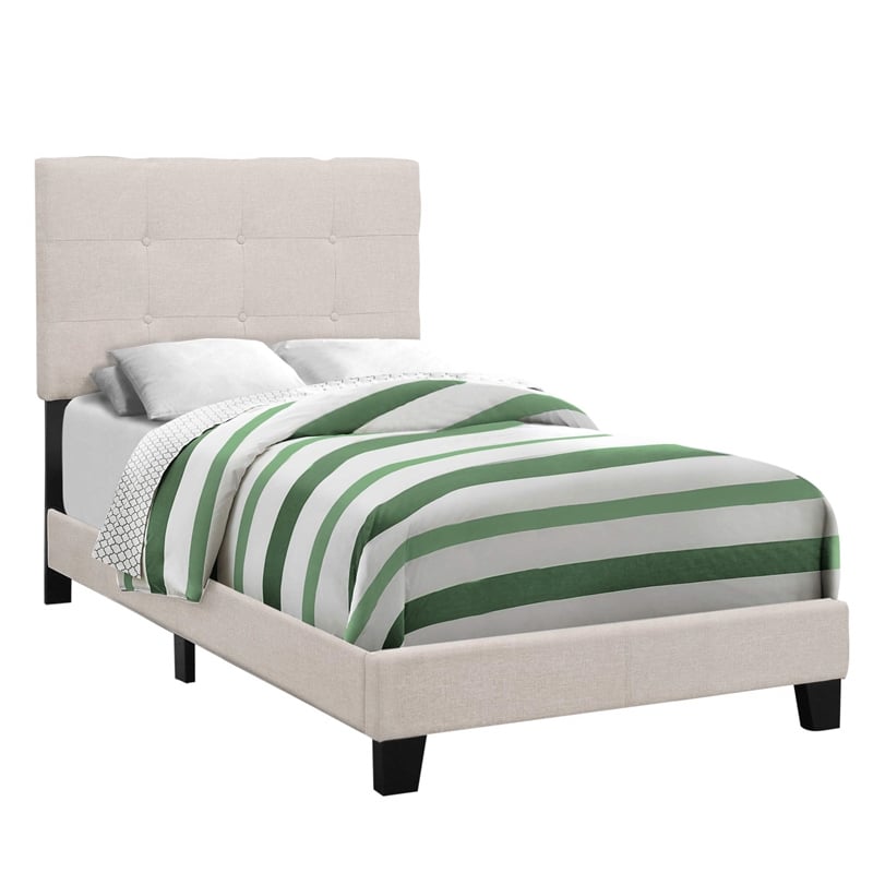 Bed Twin Size Platform Teen Frame Upholstered Linen Look Beige Black