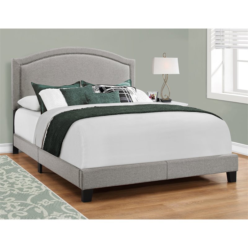 Bed Queen Size Platform Bedroom Frame Upholstered Linen Look Grey Chrome