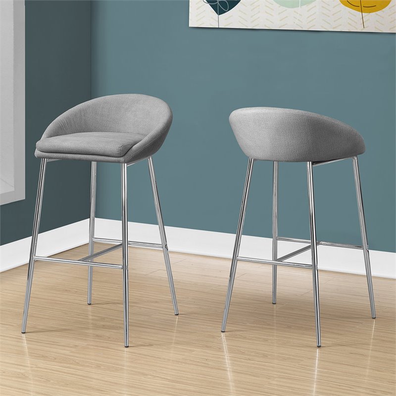 Bar Stool Set Of 2 Bar Height Metal Fabric Grey Chrome Contemporary