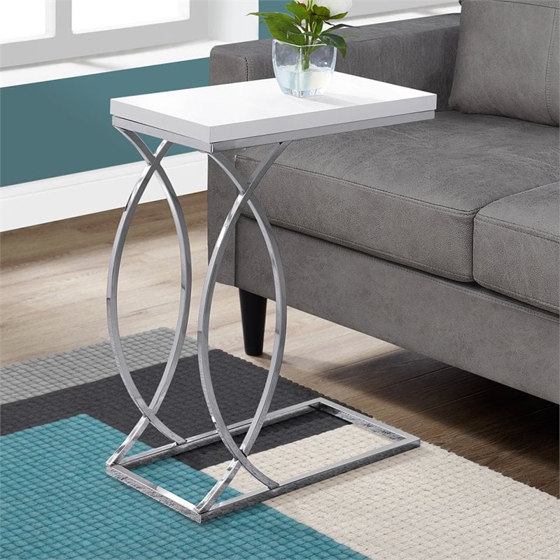 Accent Table C-shaped End Side Snack Bedroom Metal Glossy White