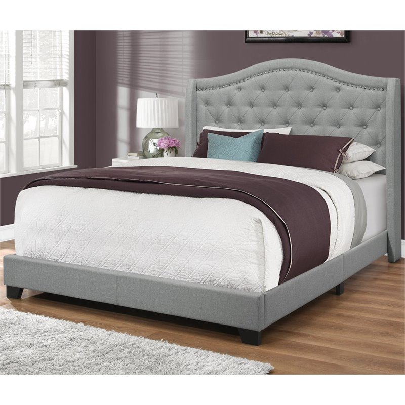 Bed Queen Size Platform Bedroom Frame Upholstered Velvet Grey Chrome