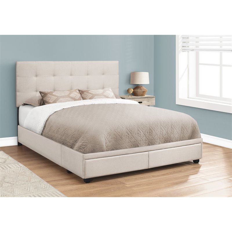 Bed Queen Size Platform Bedroom Frame Upholstered Linen Look Beige Black