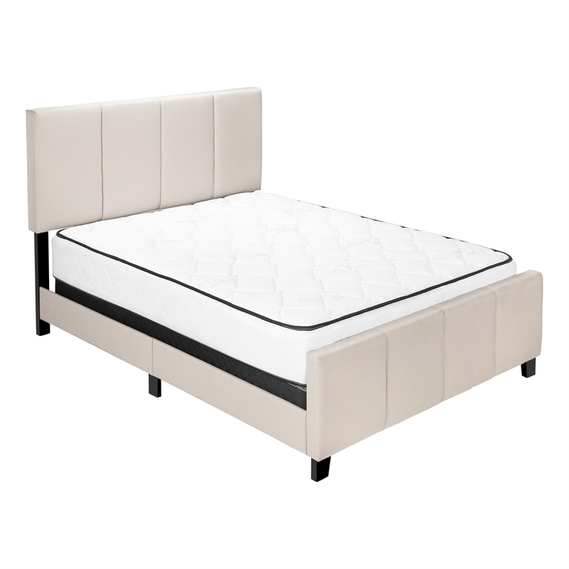Bed Queen Size Platform Bedroom Frame Upholstered Linen Look Beige Black
