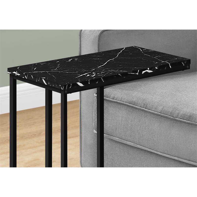 Accent Table C-shaped End Side Snack Bedroom Metal Black Marble Look