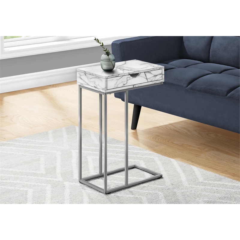 Accent Table C-shaped End Side Snack Bedroom Metal White Marble Look