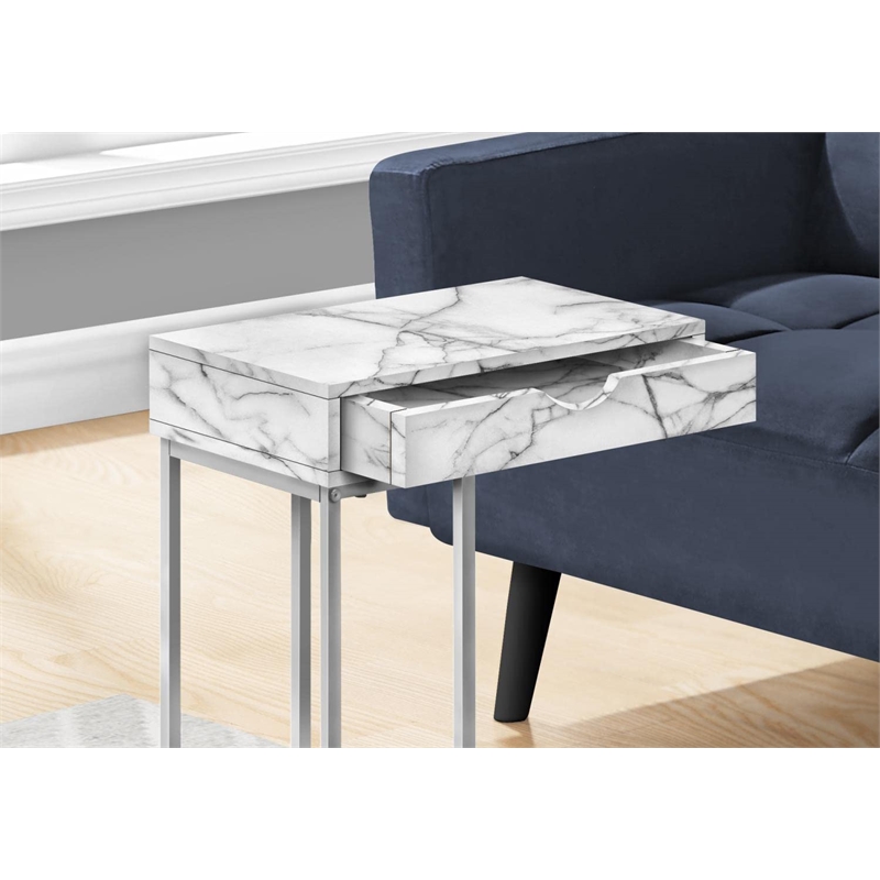 Accent Table C-shaped End Side Snack Bedroom Metal White Marble Look