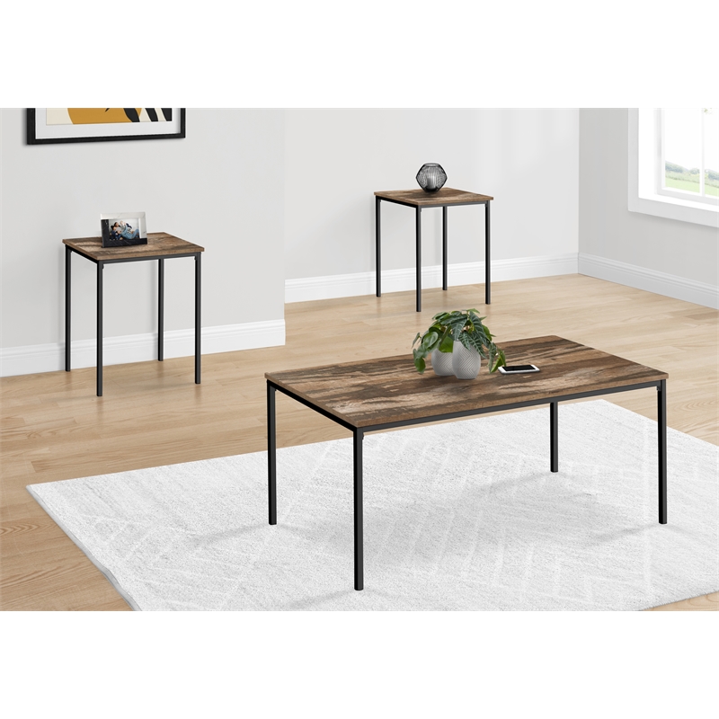 Table Set - 3pcs Set - Coffee - End - Black Metal - Brown Reclaimed Laminate