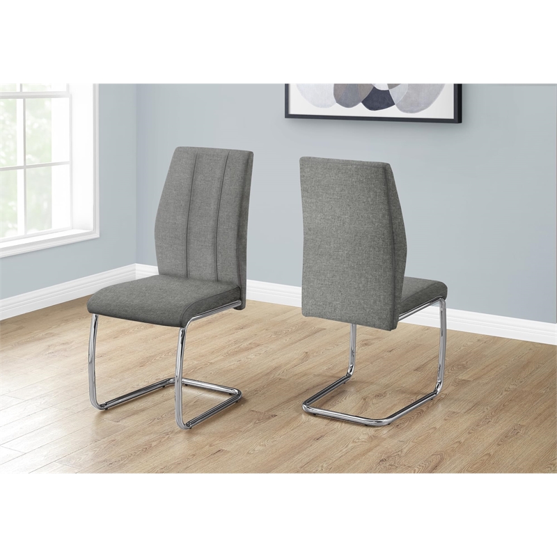 Dining Chair - Set of 2 - Upholstered - 39in H - Grey Fabric - Chrome - Contemp