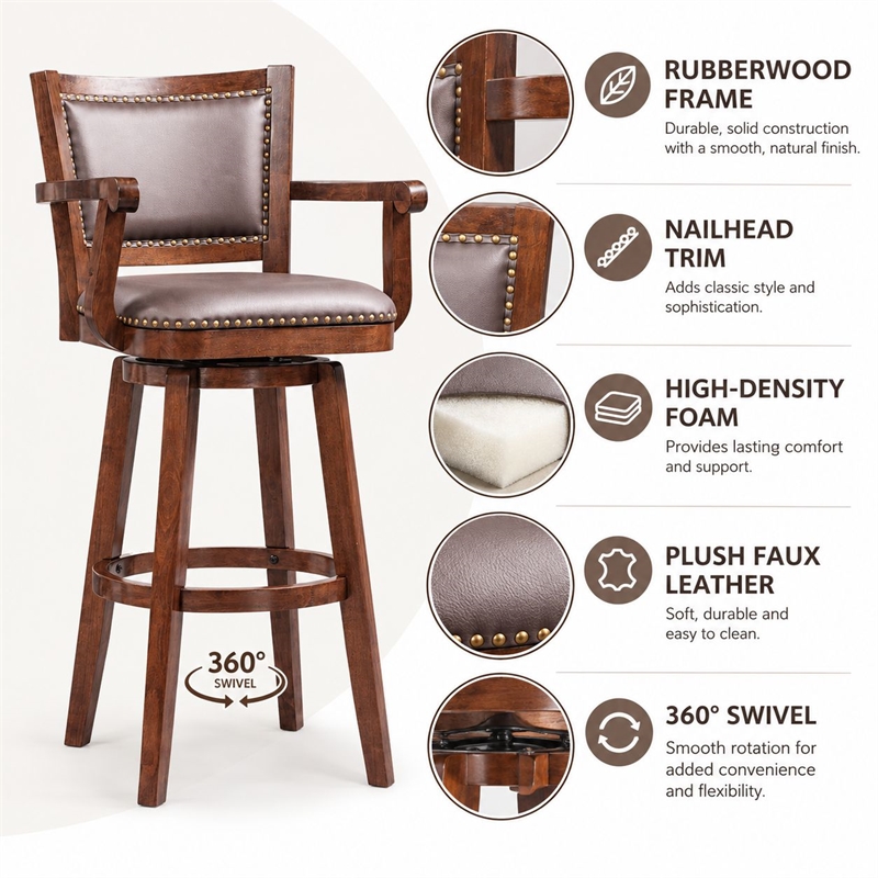Boraam Wood Broadmoor Swivel Extra Tall Bar Stool in Cappuccino