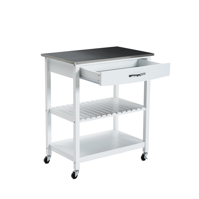 Boraam Holland Wood Kitchen Cart with Stainless Steel Top in White