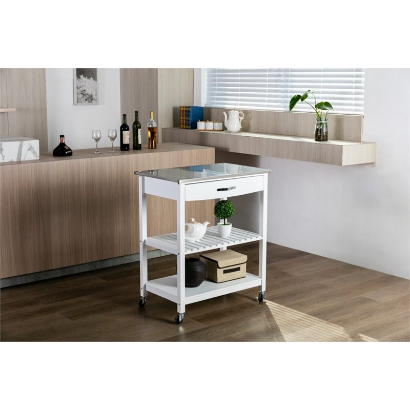 Boraam Holland Wood Kitchen Cart with Stainless Steel Top in White