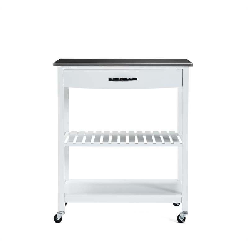 Boraam Holland Wood Kitchen Cart with Stainless Steel Top in White